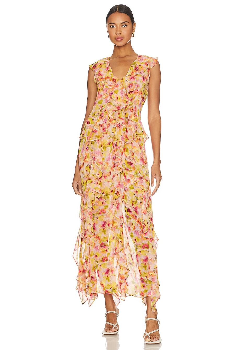 MISA Los Angeles Womens Claudita Floral Chiffon Ruffle Maxi Dress Multicolor XS